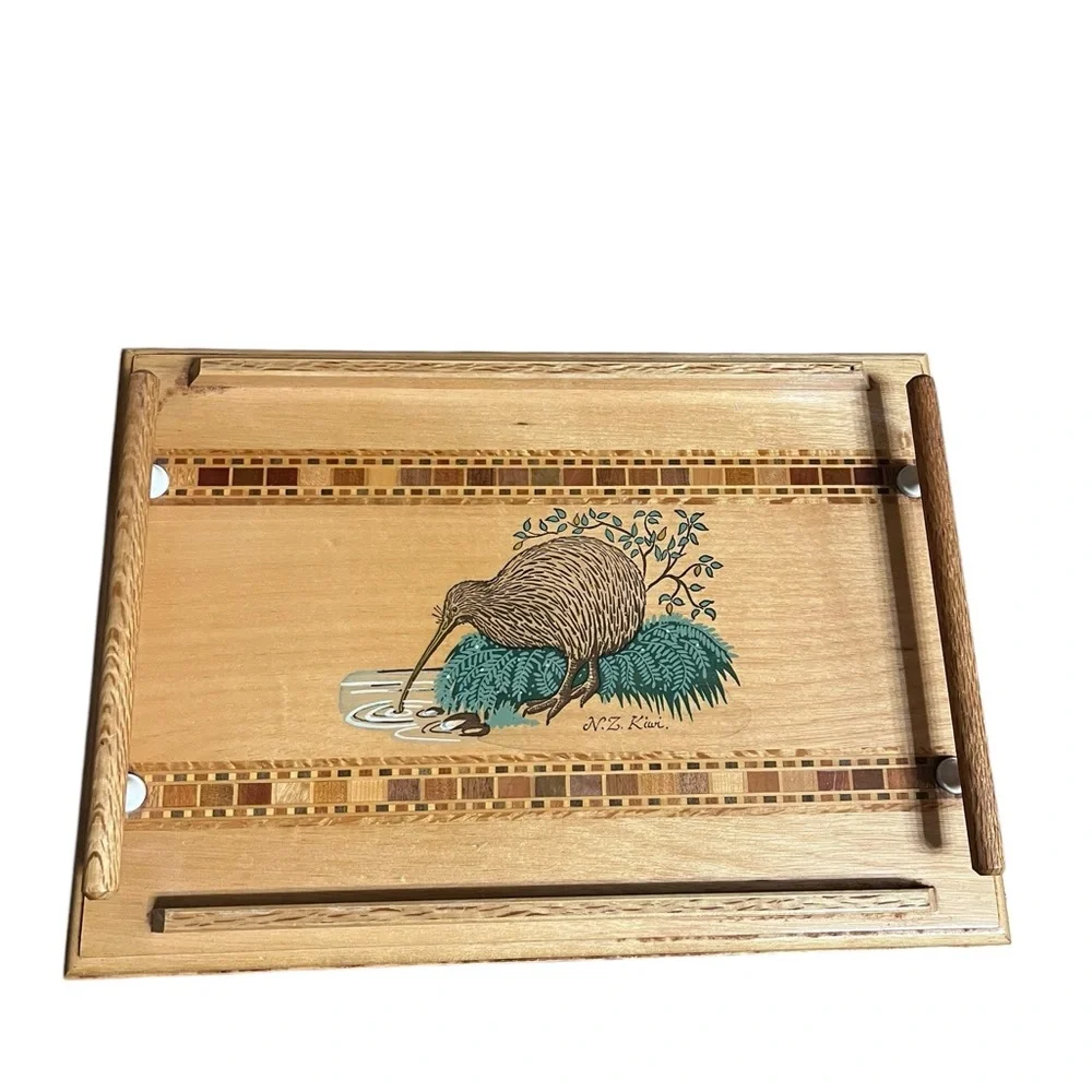 Vintage 1950s New Zealand Inlay Specimen Wood Tawa Serving Tray Kiwi Bird